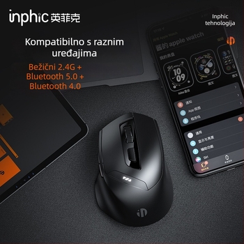 INPHIC DR01 Bluetooth bežični miš s tri modusa, 1600 DPI, 6 tipki, Bluetooth/2.4 GHz, ergonomski
