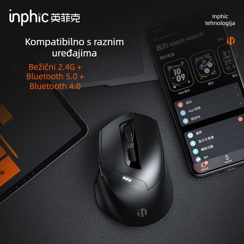INPHIC DR01 Bluetooth bežični miš s tri modusa, 1600 DPI, 6 tipki, Bluetooth/2.4 GHz, ergonomski