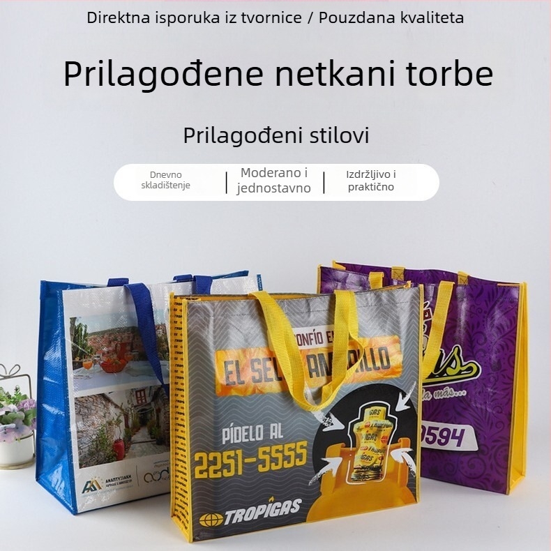 Netkanska reklamna torba s sitotiskom i laminiranim ispisom; logotip otisnut; prilagodljiva; dno i bočne stranice