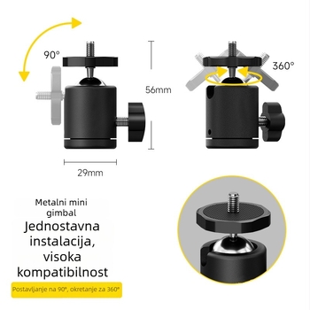 Univerzalni metalni gimball za stabilizaciju mobilne kamere, 360° rotacija, kuglasto aluminijsko legura, težina 38 g, vertikalni kut okretanja 90°