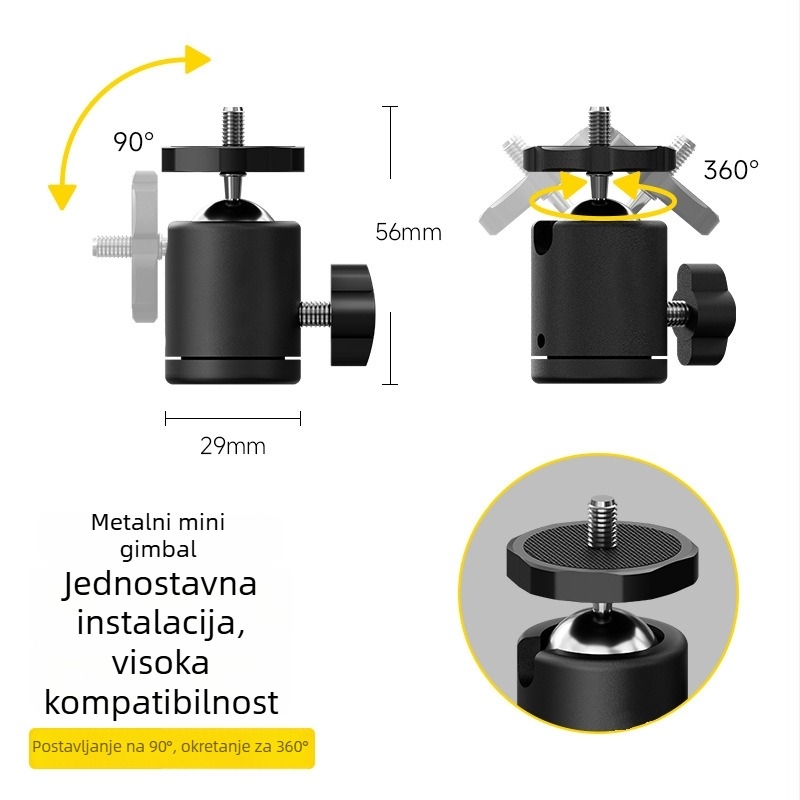 Univerzalni metalni gimball za stabilizaciju mobilne kamere, 360° rotacija, kuglasto aluminijsko legura, težina 38 g, vertikalni kut okretanja 90°