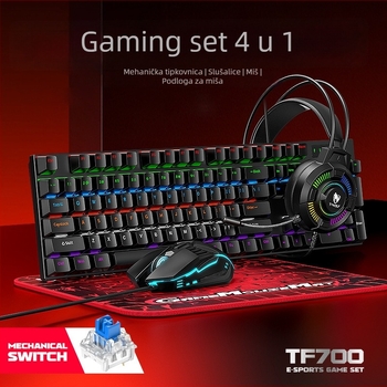 TF700 gaming set tipkovnica i miš — žični USB tipkovnica i miš, optički senzor 1200 DPI, pozadinsko osvjetljenje, uključuje slušalice i podlogu za miš