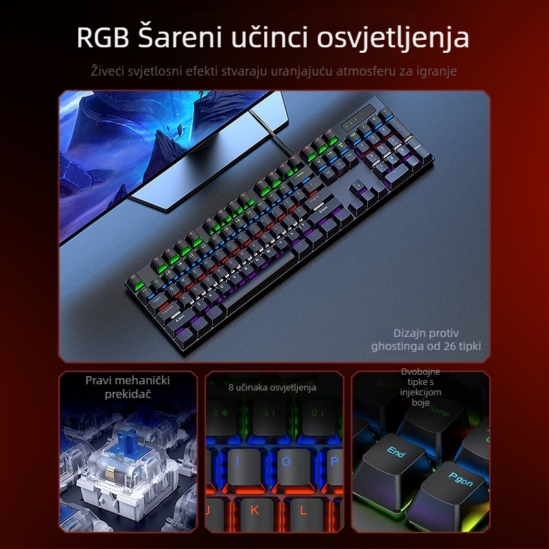 TF700 gaming set tipkovnica i miš — žični USB tipkovnica i miš, optički senzor 1200 DPI, pozadinsko osvjetljenje, uključuje slušalice i podlogu za miš