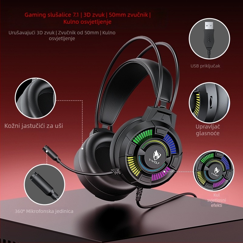 TF700 gaming set tipkovnica i miš — žični USB tipkovnica i miš, optički senzor 1200 DPI, pozadinsko osvjetljenje, uključuje slušalice i podlogu za miš