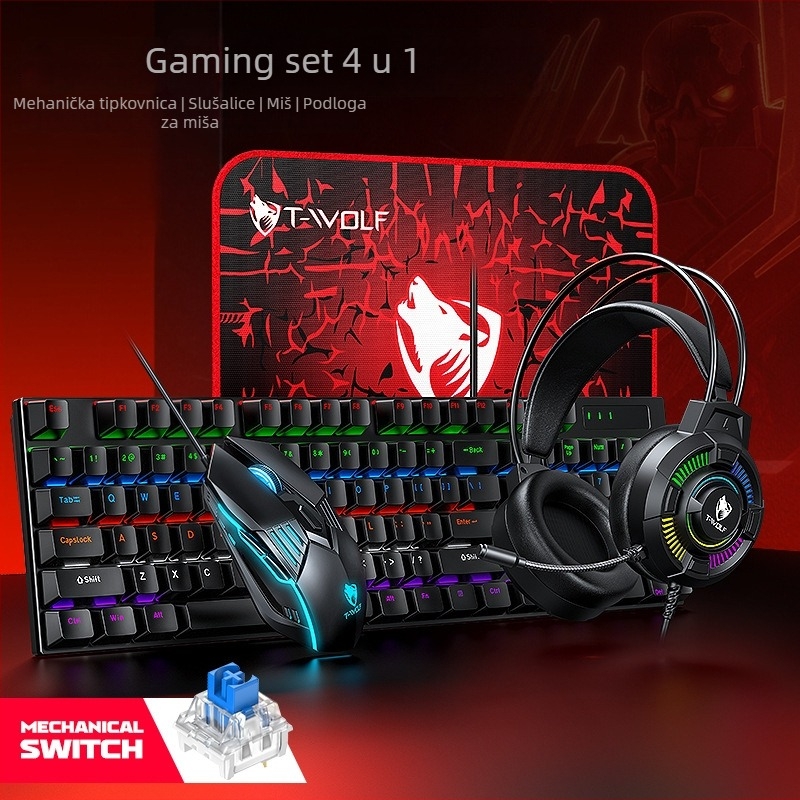 TF700 gaming set tipkovnica i miš — žični USB tipkovnica i miš, optički senzor 1200 DPI, pozadinsko osvjetljenje, uključuje slušalice i podlogu za miš