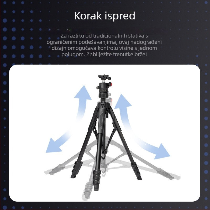 Kamera stativ s kugličnom glavom za livestream – prenosni 4-sekcijski dizajn, nosivost 2–5 kg, plastika + metal, pločica brzog oslobađanja