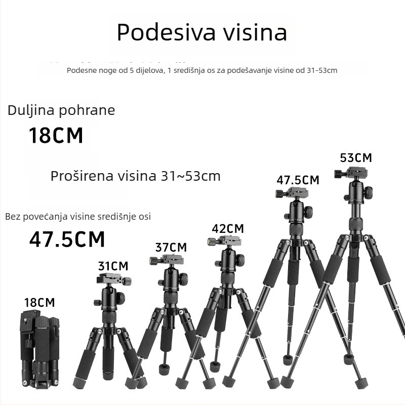 T226 mini stativ – aluminijska legura, 5 sekcija, kuglična glava, nosivost 6 kg, težina 776 g