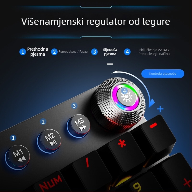 Žična mehanička tipkovnica s 104 tipkama, pozadinskim osvjetljenjem, makroprogramiranjem i zamjenjivim prekidačima.
