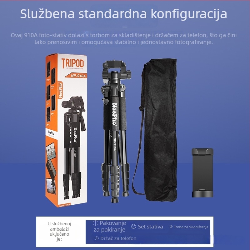 Kamera stativ s 3D Pan-Tilt glavom, ABS + aluminijski spoj, nosivost 5 kg, 5-sekcijske noge, pločica za brzo oslobađanje, model 910A