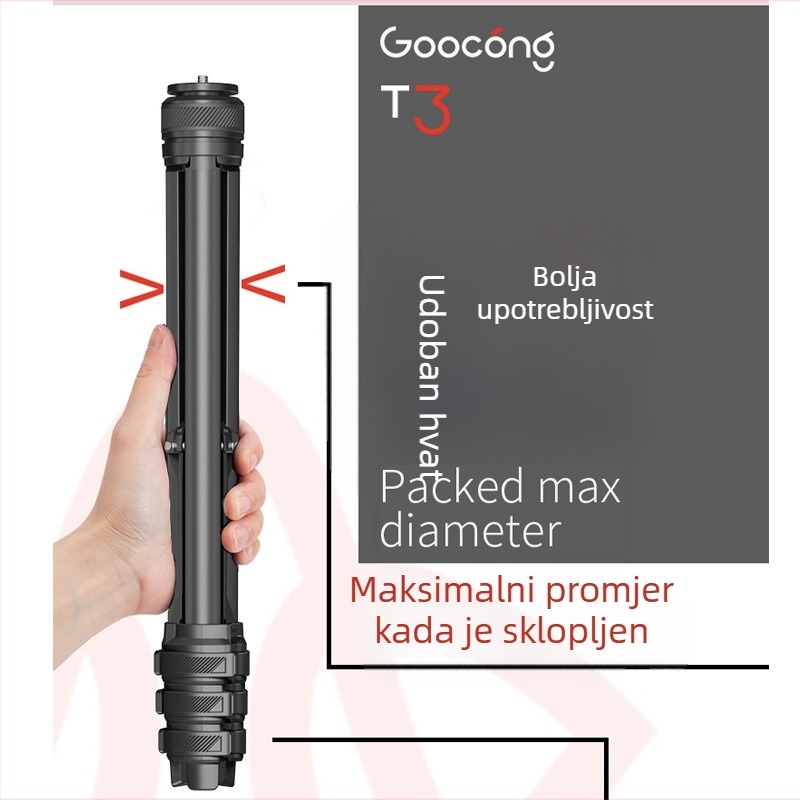Goocong PH3L aluminijski stativ – 4 sekcije, 3D glava, nosivost 3 kg, težina 630 g