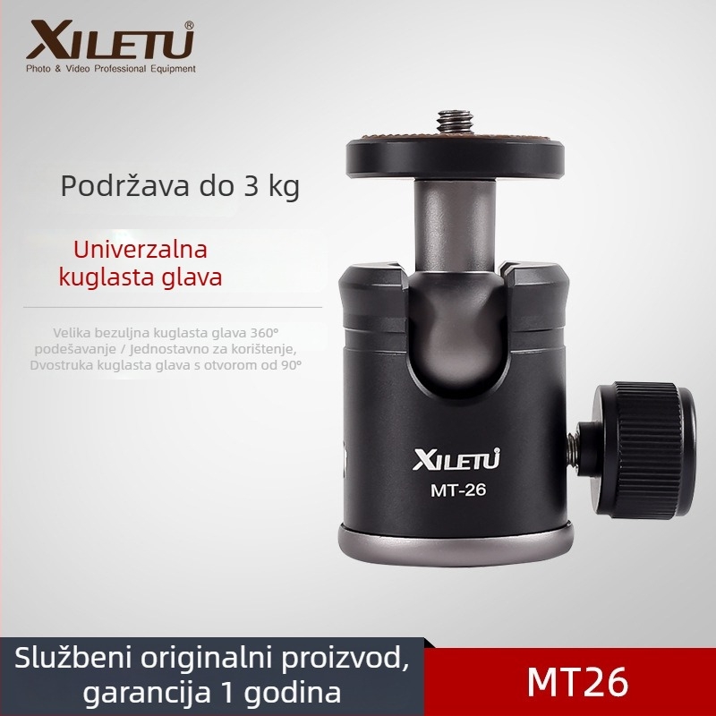 Xiletu MT-26 mini sferna glava za kameru – za telefon, DSLR/mirrorless i GoPro; aluminijska legura; 360° horizontalno i vertikalno okretanje; težina 140 g