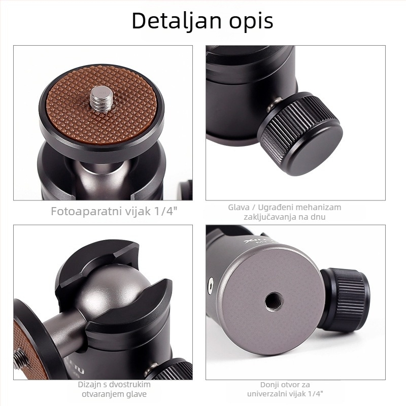 Xiletu MT-26 mini sferna glava za kameru – za telefon, DSLR/mirrorless i GoPro; aluminijska legura; 360° horizontalno i vertikalno okretanje; težina 140 g