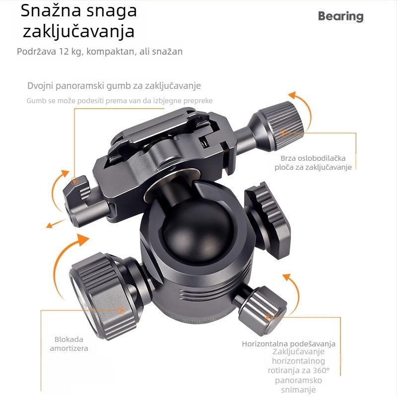 Panoramska kuglasta osnova za DSLR i kamere bez ogledala, aluminijska legura, horizontalno i vertikalno rotiranje 360°, adapter 3/8–1/4 inča, težina 0,24 kg