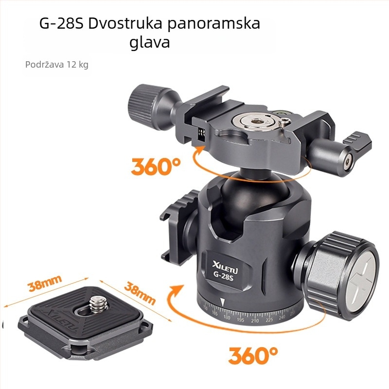 Panoramska kuglasta osnova za DSLR i kamere bez ogledala, aluminijska legura, horizontalno i vertikalno rotiranje 360°, adapter 3/8–1/4 inča, težina 0,24 kg