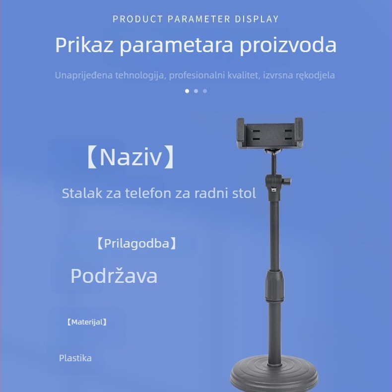 Stolni držač za mobitel s univerzalnom pan-tilt glavom, teleskopski podesivim ramom, diskska baza, klip za mikrofon, plastični materijal, brend Sea butterfly