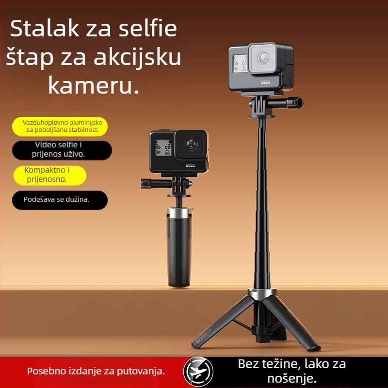 GoPro-kompatibilan selfie štap od aluminijske legure, 5-sekcijski, kompaktni mini teleskop, podržava do 2 kg, težina 70 g
