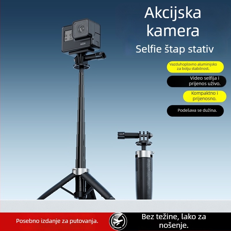 GoPro-kompatibilan selfie štap od aluminijske legure, 5-sekcijski, kompaktni mini teleskop, podržava do 2 kg, težina 70 g