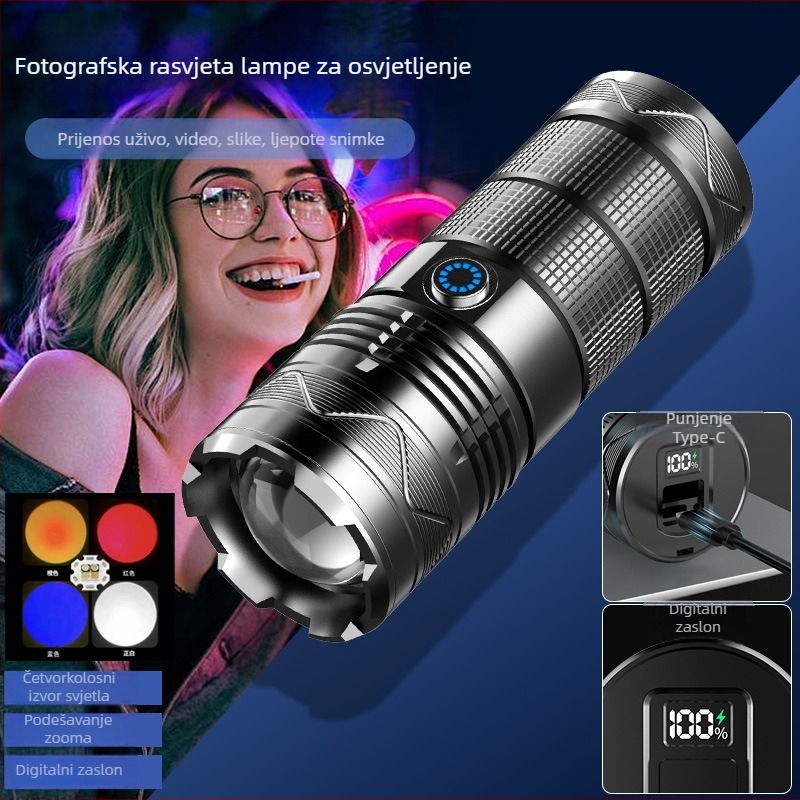 Ručna LED svjetiljka za fotografiju s 20W, 120° snop, domet do 100 m, vijek LED 10000 sati, baterija 18650
