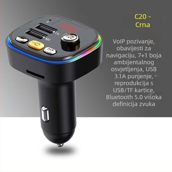 Auto MP3 Bluetooth prijemnik C20 s FM radiom, USB reprodukcija, 12V napajanje, bez memorije