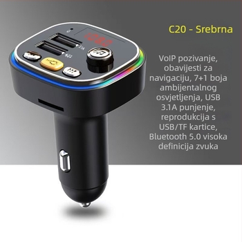 Auto MP3 Bluetooth prijemnik C20 s FM radiom, USB reprodukcija, 12V napajanje, bez memorije