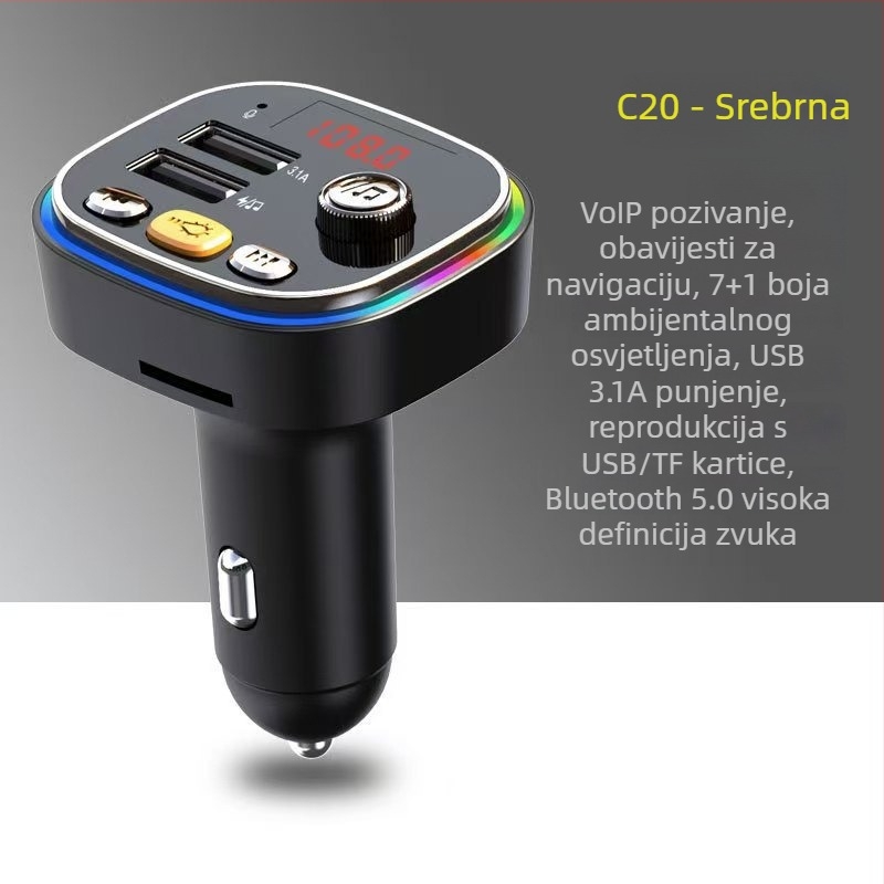 Auto MP3 Bluetooth prijemnik C20 s FM radiom, USB reprodukcija, 12V napajanje, bez memorije