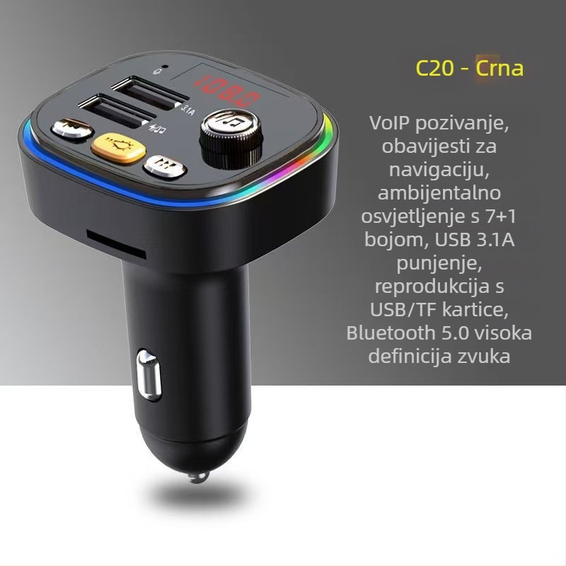 Auto MP3 Bluetooth prijemnik C20 s FM radiom, USB reprodukcija, 12V napajanje, bez memorije