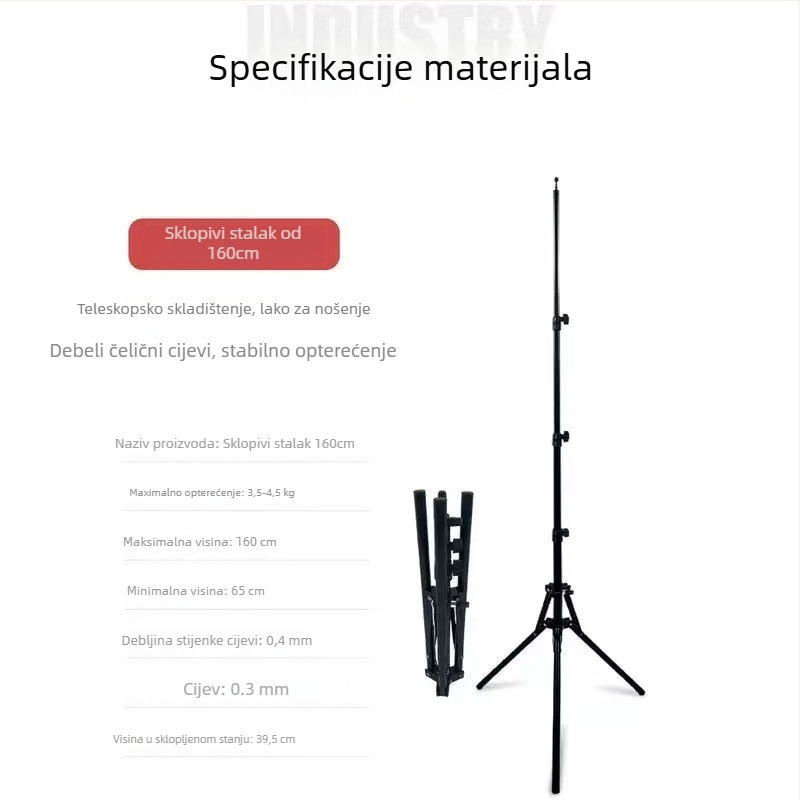 Fotografski tripod s obrnuto sklapanjem; konstrukcija od željeza i najlona; nosivost 3,5–4,5 kg; 4-dijelni dizajn; promjer cijevi: glavne 0,4 mm, noge 0,3 mm.