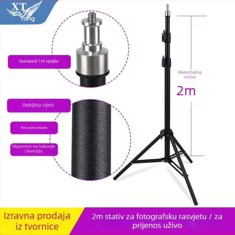 Podni teleskopski stativ za mobitel s rasvjetom; maksimalno opterećenje 4 kg; minimalna radna visina 0,9 m; materijal: željezna cijev; pogodan za mobitel, lampu za šminku, kameru i rasvjetu