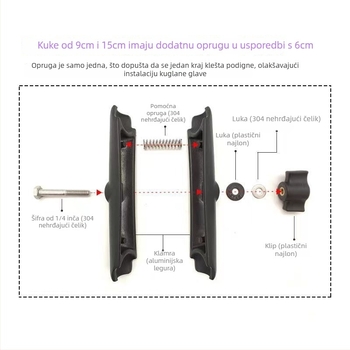 Modatong nosač s kugličnom glavom, univerzalni, aluminijska legura, produžena stezaljka, za sportske kamere i motocikle