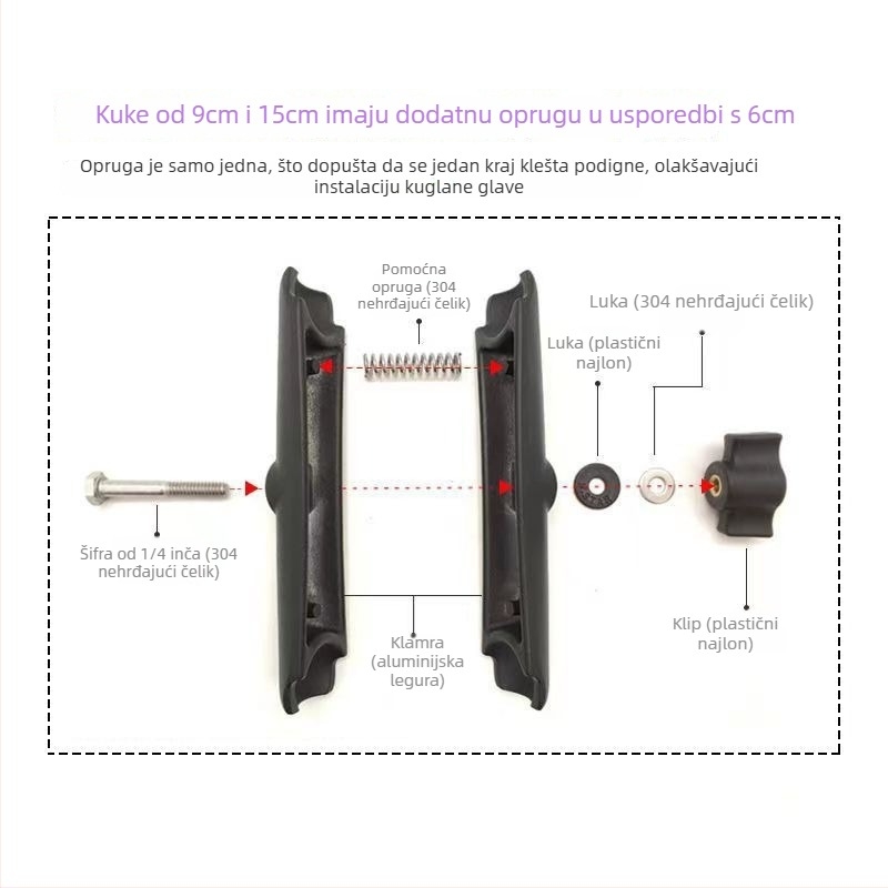 Modatong nosač s kugličnom glavom, univerzalni, aluminijska legura, produžena stezaljka, za sportske kamere i motocikle