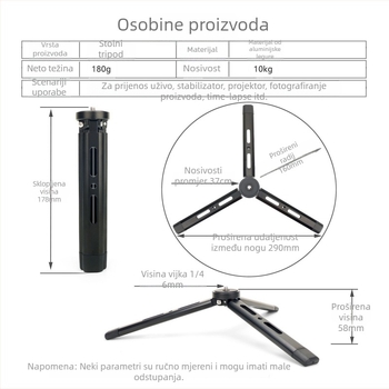 Stolni stativ za fotografiju, aluminijska legura, za mobilne telefone, model KT-4, podešavanje amortizacije, nosivost 6–10 kg