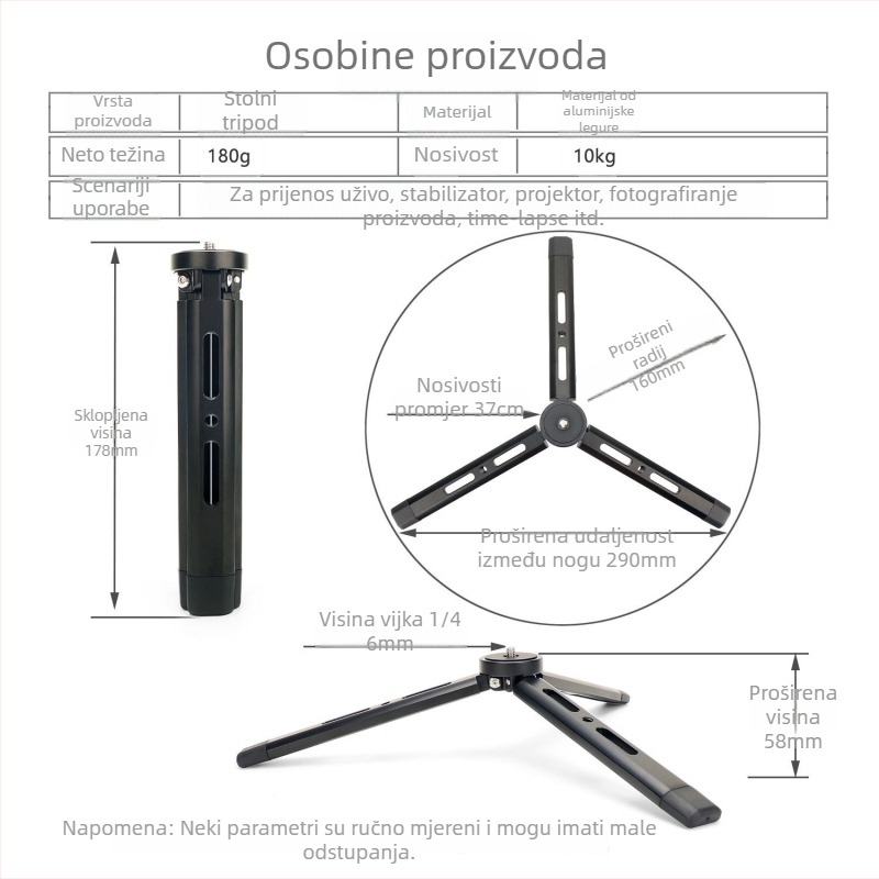 Stolni stativ za fotografiju, aluminijska legura, za mobilne telefone, model KT-4, podešavanje amortizacije, nosivost 6–10 kg