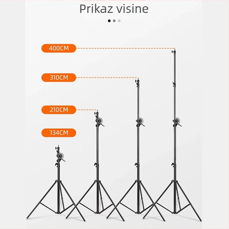 Stalak za rasvjetu za fotografiju i livestream, visina 4 m, nosivost 3–5 kg, sklopivi, izrađen od željeznog cijevi i najlonske plastike, promjer cijevi 22–35 cm