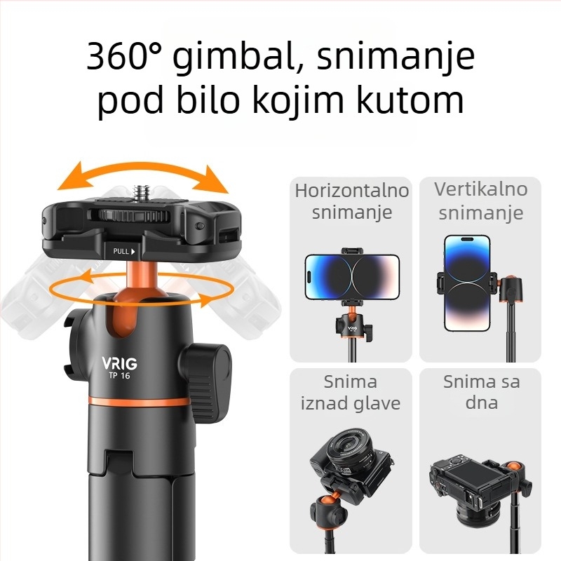 VRIG TP-16 Stativ za kameru s PTZ trodimenzionalnom glavom, aluminijska legura, 5 sekcija, nosivost do 2 kg