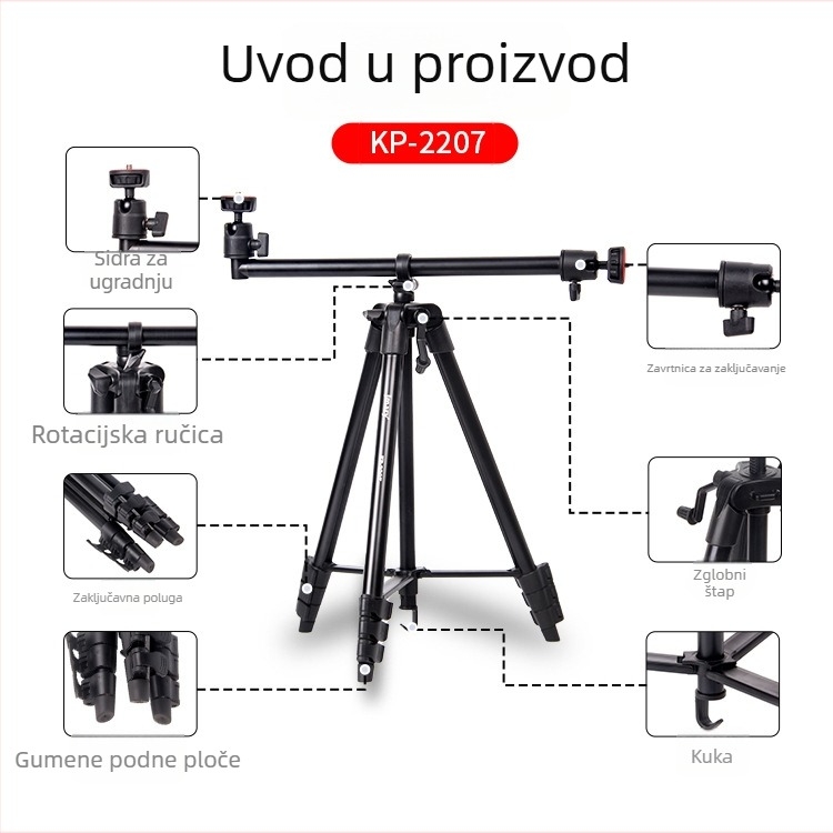 KP-2207 stativ za mobitel, 3D PTZ, aluminijska legura, 4 čvora, ploča brzog otpuštanja, nosivost 2 kg