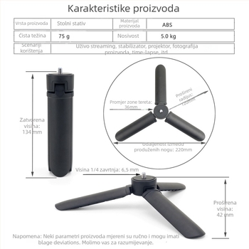 KT-2S Stolni tripod od ABS-a za telefon s rasvjetom i trokutastim držačem, nosivost 2-5 kg, 1 sekcija, bez PTZ