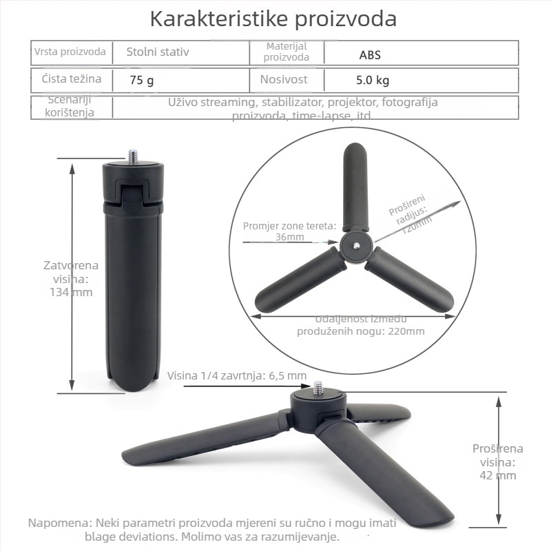 KT-2S Stolni tripod od ABS-a za telefon s rasvjetom i trokutastim držačem, nosivost 2-5 kg, 1 sekcija, bez PTZ