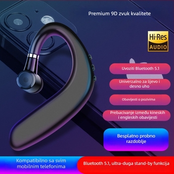 Bežične Bluetooth slušalice s kuka za uho — sportski TWS, verzija 5.1, domet 10 m, trajanje >8 sati, jednostrano korištenje