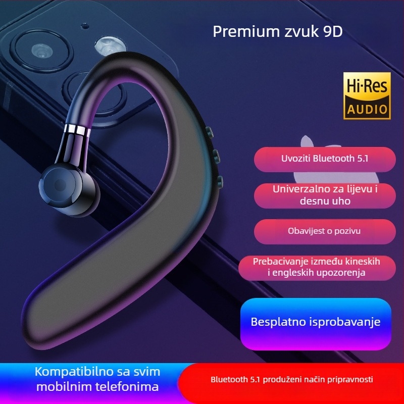 Bežične Bluetooth slušalice s kuka za uho — sportski TWS, verzija 5.1, domet 10 m, trajanje >8 sati, jednostrano korištenje