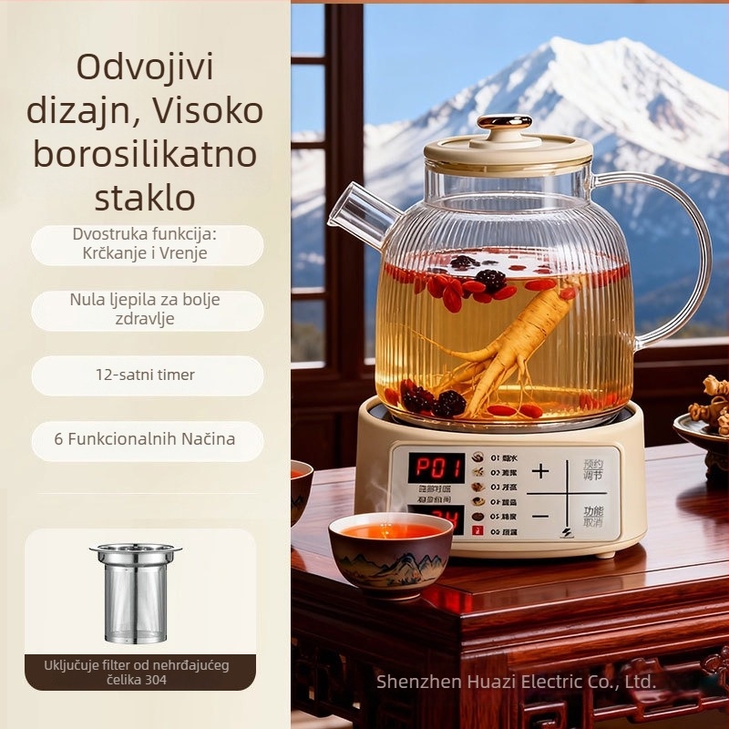 Hy-01 čajnik za zdravlje, staklena konstrukcija od borosilikata, konstantna temperatura, odvojivi gornji poklopac, 1,5–2 l, 220 V, 400–500 W, za 4–5 porcija