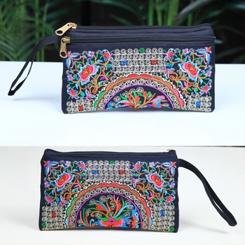 Etnički izvezeni ručni neseser, mala četvrtasta torbica za telefon, poliester, podstava od platna, zatvarač