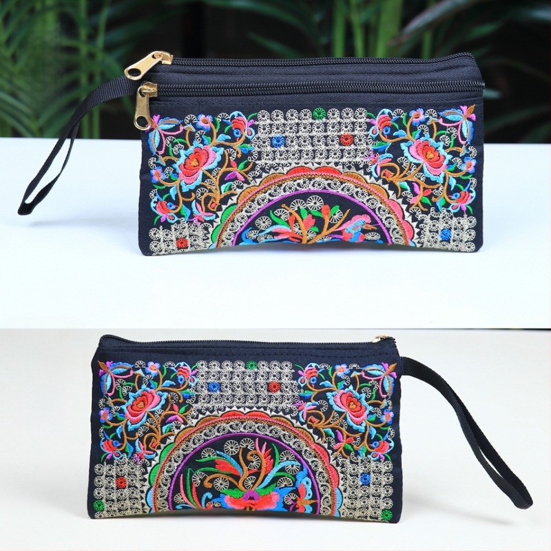 Etnički izvezeni ručni neseser, mala četvrtasta torbica za telefon, poliester, podstava od platna, zatvarač
