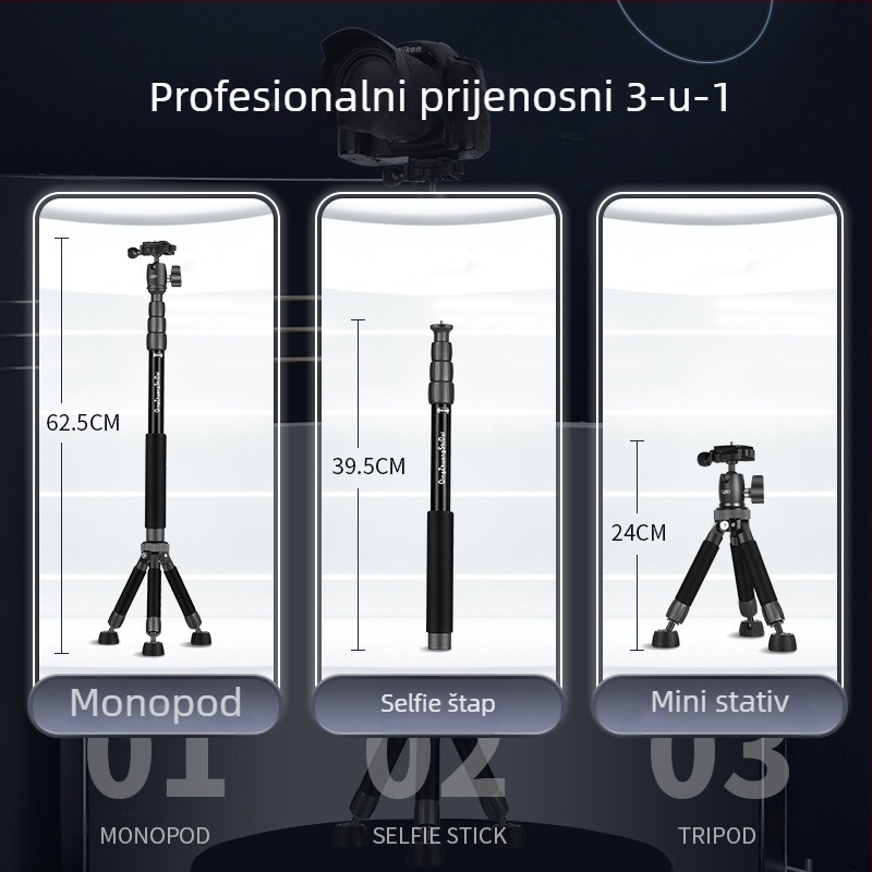 Light Age Q116 aluminijski stativ s kugličnom glavom, 4 segmenta, nosivost 2–5 kg, 3-u-1: za pod, stol i selfie