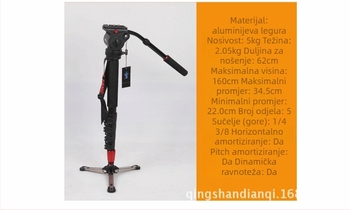 Monopod s hidraulikom glavom, Jieyang JY0506B, 4 sekcije, aluminijska zlitina, nosivost 2–5 kg