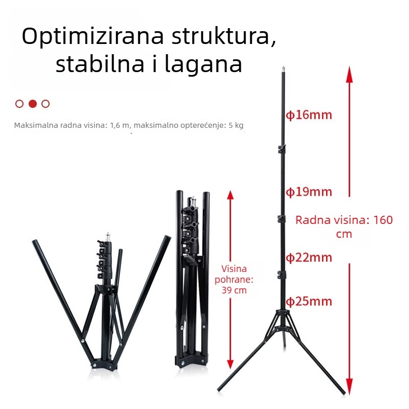 Stalak za rasvjetu s teleskopskom konstrukcijom, od željeznih cijevi i plastike; 4 sekcije; nosivost 5 kg; promjer cijevi 16/19/22/25 mm; marka Yutian