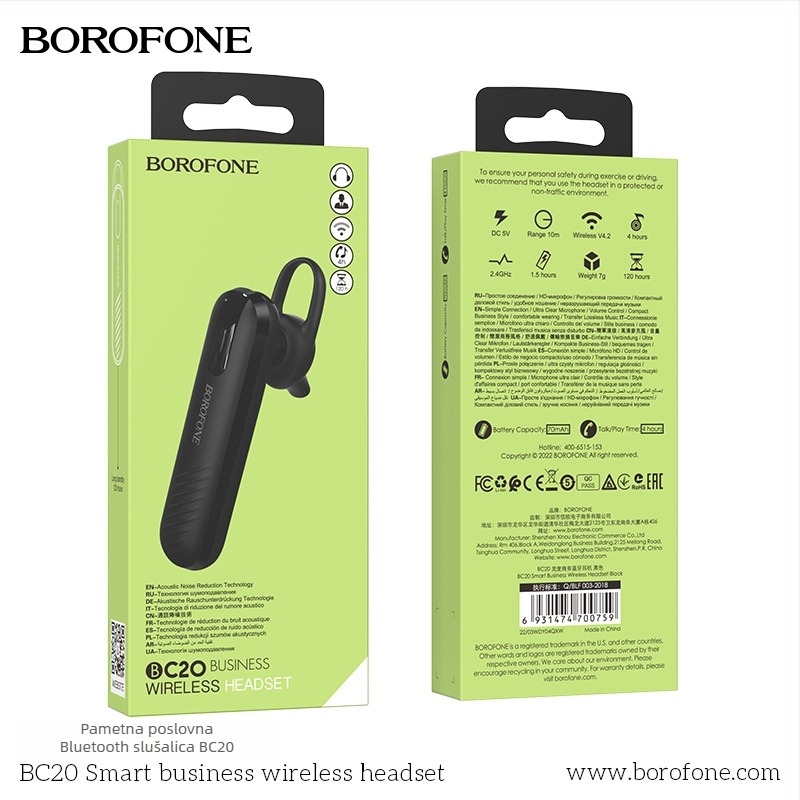 BOROFONE BC20 Bežični Bluetooth auto headset, jednostrani dizajn, USB punjenje, Bluetooth 4.1, domet 10 m, trajanje baterije 4–8 h