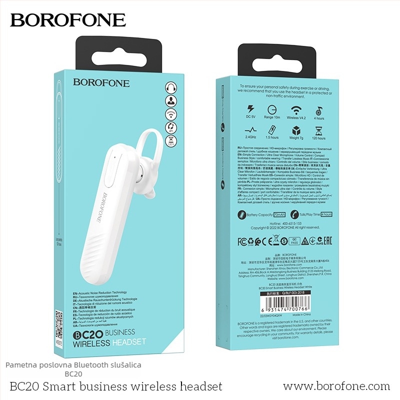 BOROFONE BC20 Bežični Bluetooth auto headset, jednostrani dizajn, USB punjenje, Bluetooth 4.1, domet 10 m, trajanje baterije 4–8 h