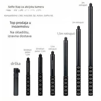 Teleskopska šipka za selfie za akcijske kamere – aluminijska legura; model QJ001; kompatibilno s 360insta, DJI Action, GoPro9/10/11; okretna drška za snimanje; moguć ispis loga