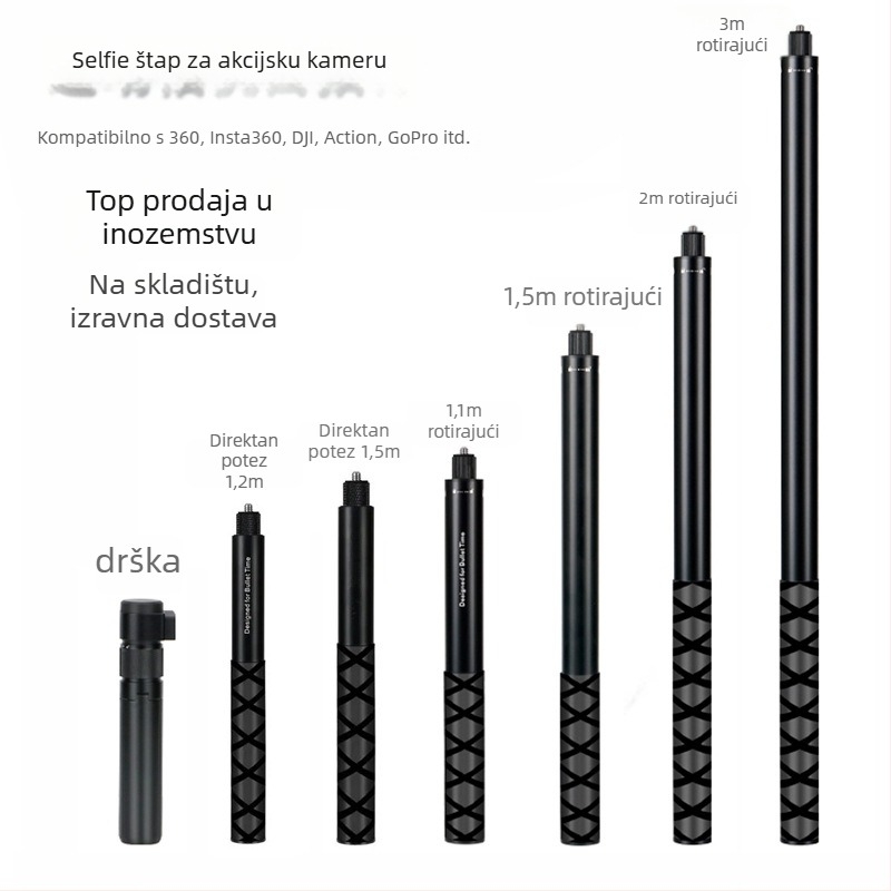 Teleskopska šipka za selfie za akcijske kamere – aluminijska legura; model QJ001; kompatibilno s 360insta, DJI Action, GoPro9/10/11; okretna drška za snimanje; moguć ispis loga