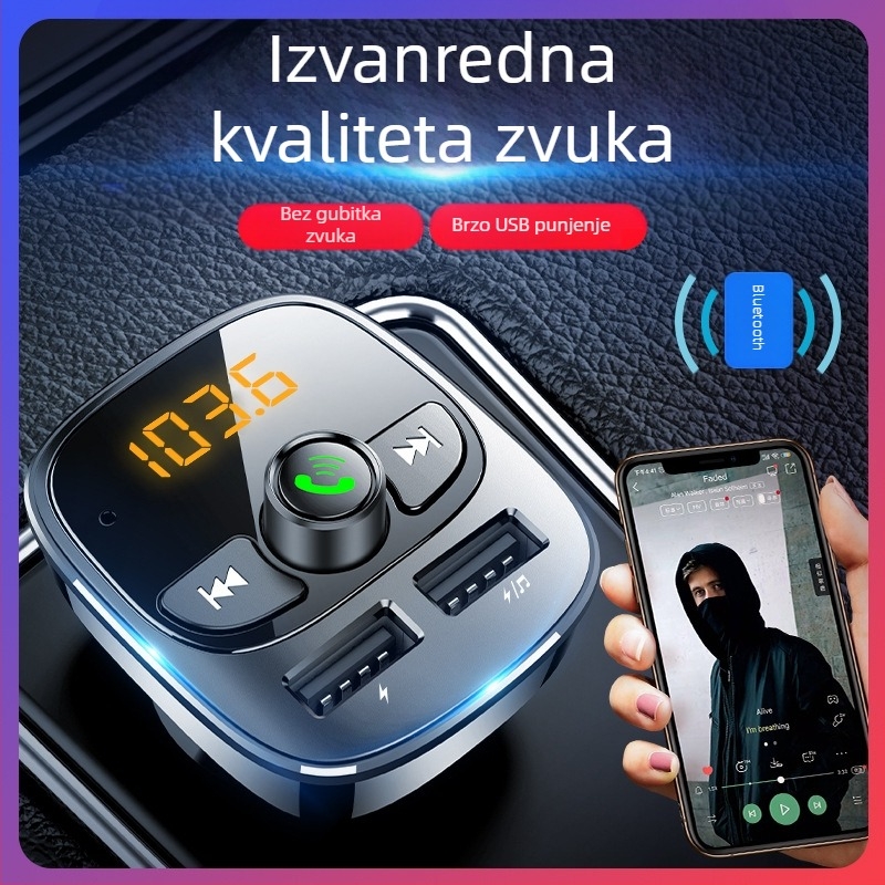 Automobilski Bluetooth FM transmiter s MP3 playerom, hands-free pozivi, USB brzo punjenje, FM podešavanje, napajanje 12-24V